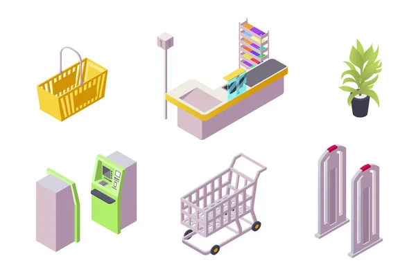 Isometrische 3d collectie geïsoleerd stedelijke element van shopping center. — Stockvector