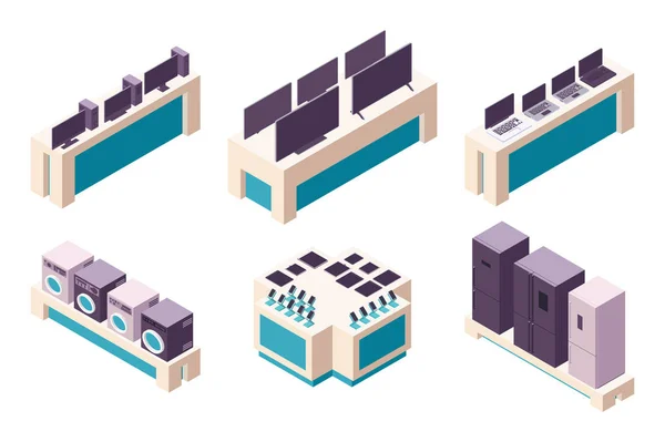 Изометрическая трехмерная коллекция изолированный городской элемент магазина электроники . — стоковый вектор