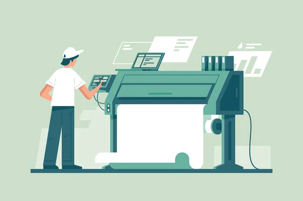 Νεαρός άνδρας που εργάζεται στην τυπογραφία στο εκτύπωσης σε εκτυπωτή. — Διανυσματικό Αρχείο