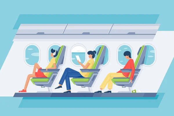 Pasajero hombre y mujer con auriculares y libro relajarse en el avión . — Vector de stock