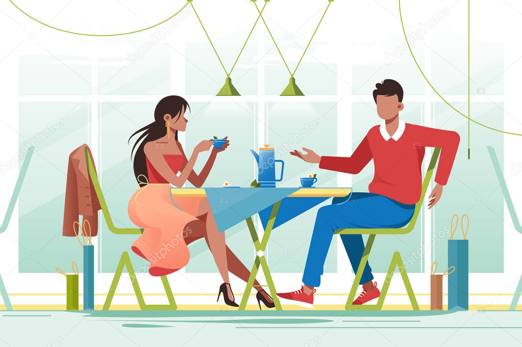 Flat young romantic couple in cafe on date.