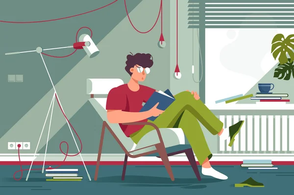 Płaskie człowiek z okulary i ubrania do domu czytanie książki i siedzi w fotelu. — Wektor stockowy