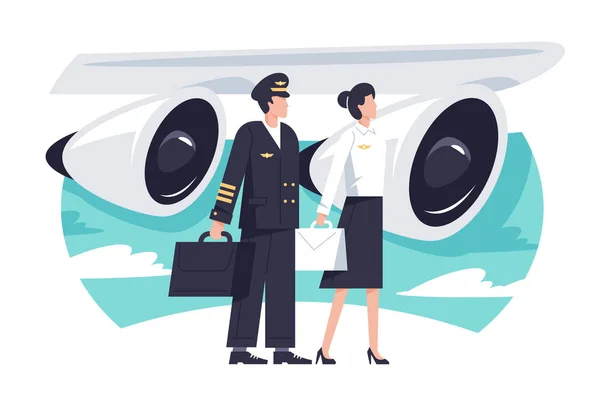 Plochý posádka letadla muž a žena v pozadí letecký motor. — Stockový vektor