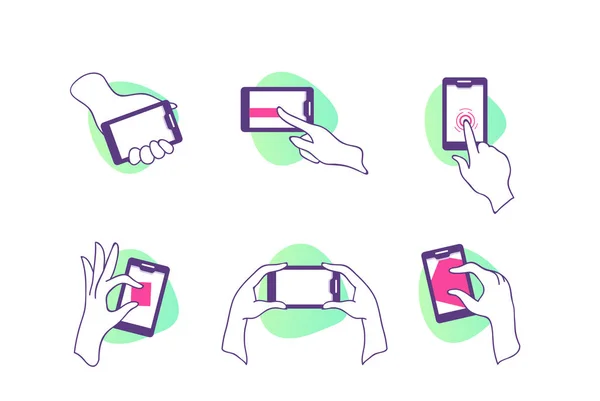 Flachbild-Icons mit Händen und Smartphone mit Touchscreen. — Stockvektor