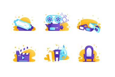 Sinema, Bilet, sandalye, gıda, film Klaket ile Icons set.