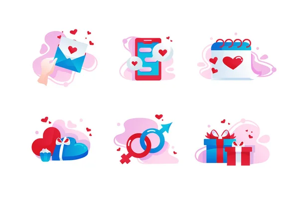 Set icone con amore, confezione regalo, messaggio, data, cuore . — Vettoriale Stock