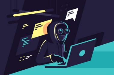Dizüstü bilgisayar ile düz genç hacker programcı ortamıdır ve site kesmek.