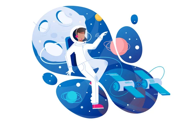 Плоский молодой человек космонавт в космосе с скафандром . — стоковый вектор