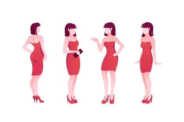 フラット ポーズ設定赤いドレスと靴の若い女性キャラクター. — ストックベクタ