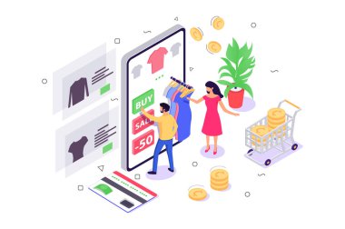 3D izometrik genç kadın ve adam cep telefonu online alışveriş ile.