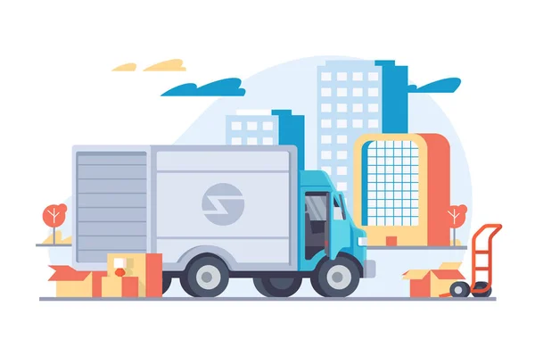Lapos autó szállítás, modern mozgó dobozok. — Stock Vector