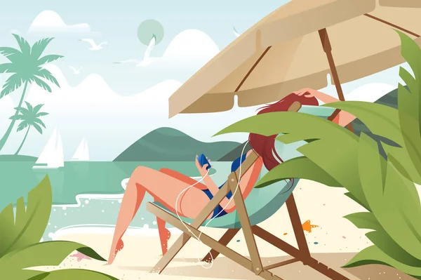 Plochá mladá kráska dívka relaxační hudbou na pláži. — Stockový vektor