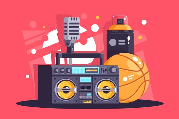 Flache Hip-Hop-Ausrüstung mit Spray, Mikrofon, Basketball, Boombox. — Stockvektor