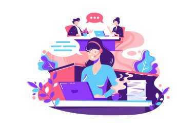 Ofis içinde düz genç kadın çalışan aramaları.