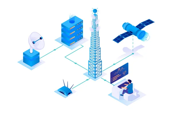 3d rețea de comunicații izometrice cu satelit, wireless, servere . — Vector de stoc