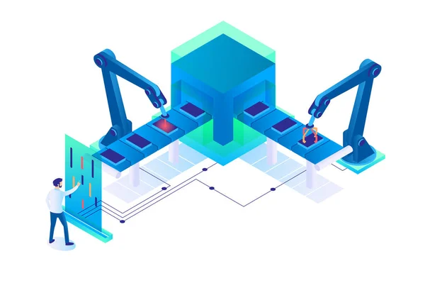 3D Isometrische man op het werk met semi-automatische productie. — Stockvector