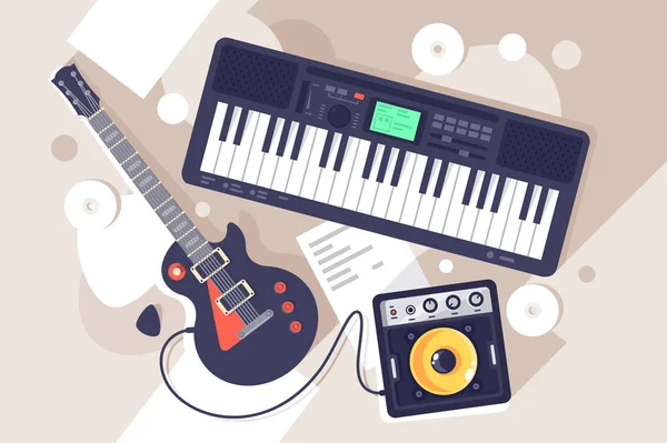 Equipement de musique plate avec guitare électricienne, synthétiseur . — Image vectorielle