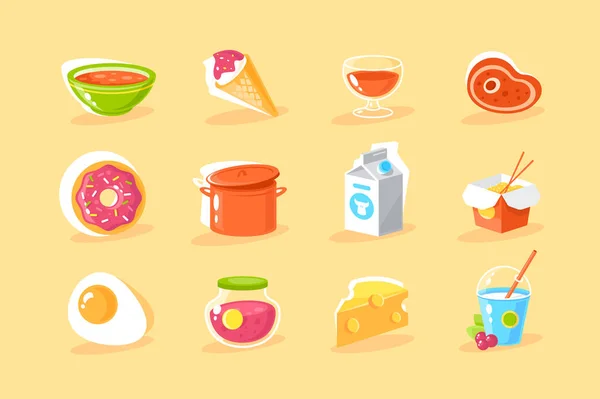Lakás élelmiszer ikon szett tojás, tej, fánk, kínai tészta, fagylalt, koktél, dzsem, steak. — Stock Vector