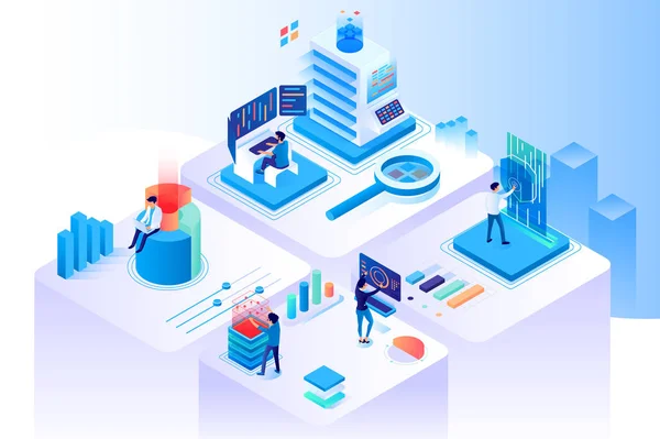 3D izometrikus kiterjesztett adatközpont számítógépekkel, diagramokkal és informatikai biztonsággal. — Stock Vector