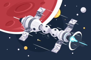 Uzay gezegeni ve yıldız arka plan üzerinde konsept tam hız büyük uzay istasyonu.