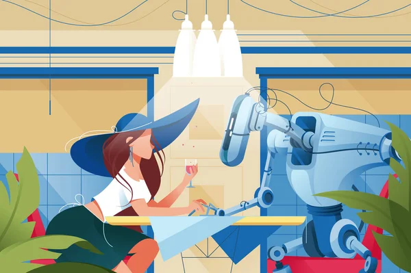 Plat jeune femme silhouette avec chapeau et verre de vin sur la date avec robot au restaurant . — Image vectorielle