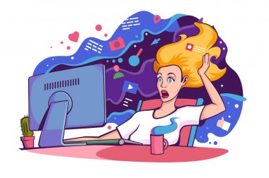 Flat young woman with computer and cup of tea, coffee suprised internet blows away. clipart