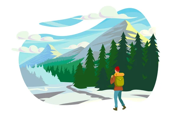 Hombre joven plano con ropa de invierno y mochila en viaje a las montañas . — Vector de stock