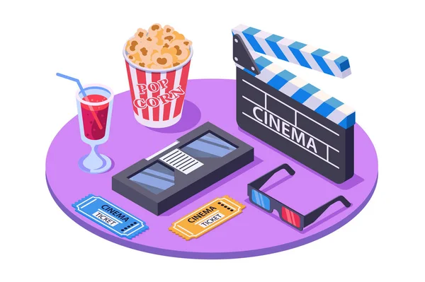 3D-isometrische Ausrüstung mit Ticket, Popcorn, Stereogläsern, Soda, Kassette. — Stockvektor
