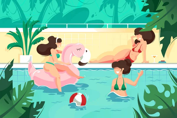 Płaska młoda kobieta uśmiech z piłką i różowy Flamingo nadmuchiwane koło w basenie. — Wektor stockowy