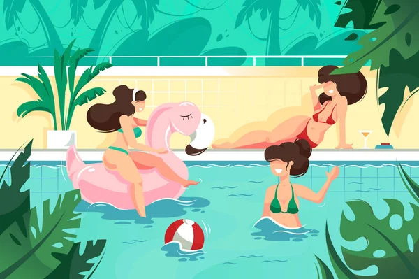 Yüzme havuzunda top ve pembe flamingo şişme daire ile Düz genç gülümseme kadın.