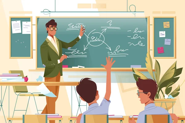 Platt ung man lärare med glasögon på jobbet med schoolboys i skolan lektion. — Stock vektor