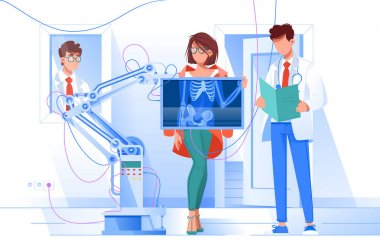 X-ray ile erkek doktor şık giysiler ve gözlük ile Düz genç kadın.