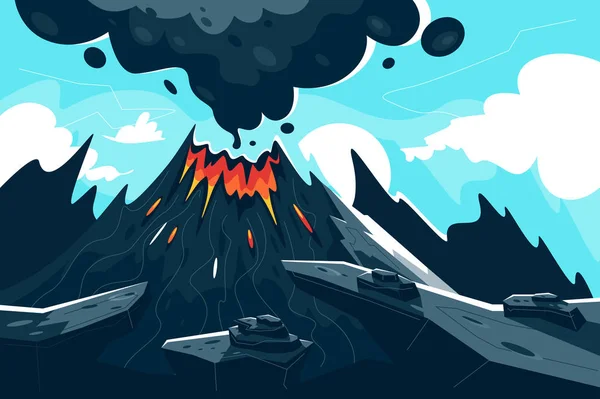 Volcan plat en éruption avec flamme rouge et fumée . — Image vectorielle