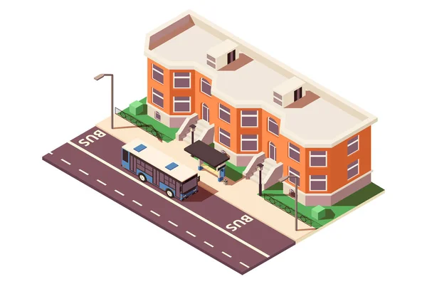3D Isometrische bushalte in de stad in de buurt van gebouw en weg. — Stockvector