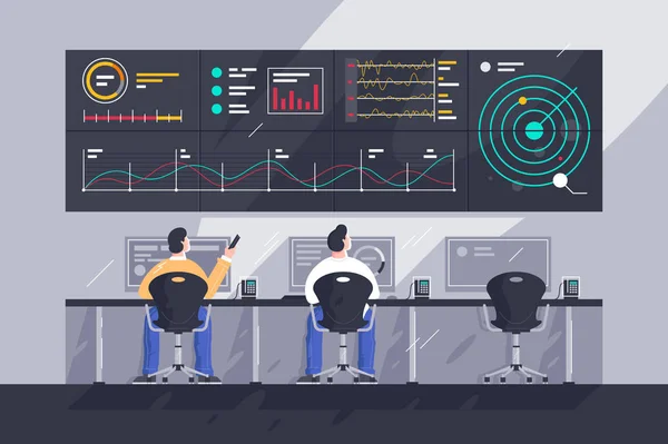 Empleado joven plano con pantallas con gráficos en el centro de control . — Vector de stock