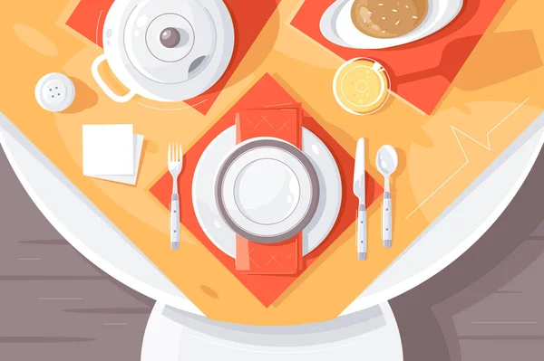 Ajuste de mesa plano con plato, comida, cubiertos, tetera y mantel . — Archivo Imágenes Vectoriales