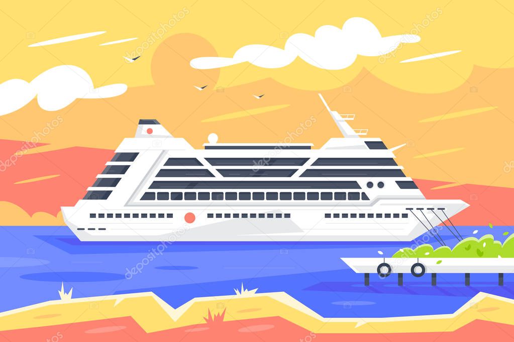 Flat cruise ship for sea travel and passenger transportation.