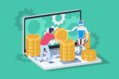 3d izometrik blockchain Iso sunucu, dizüstü bilgisayar, bitcoin ve destek robotu ile adam.