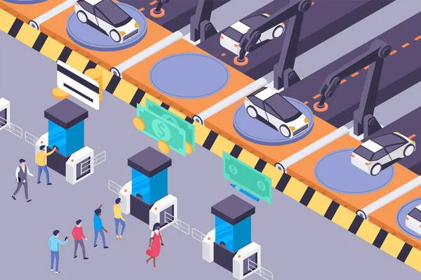 Płaskie przyszłe usługi transportowe z miejskim samochodem i pasażerami. — Wektor stockowy