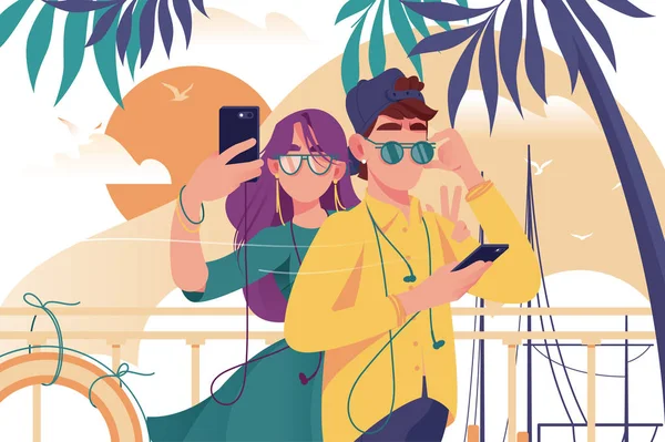 Young man and woman couple with mobile phone, glasses and summer clothes makes photo. — Stock Vector