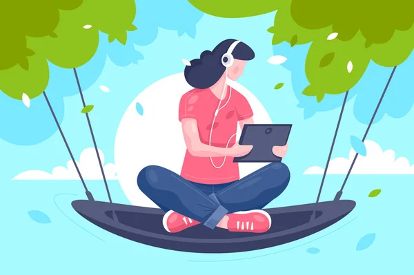 Flat young girl with tablet, headphones at hammock on tree. — Stock Vector