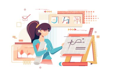 Çizimler, grafikler ve iş ekipmanları ile Düz genç kadın sanatçı mühendis.