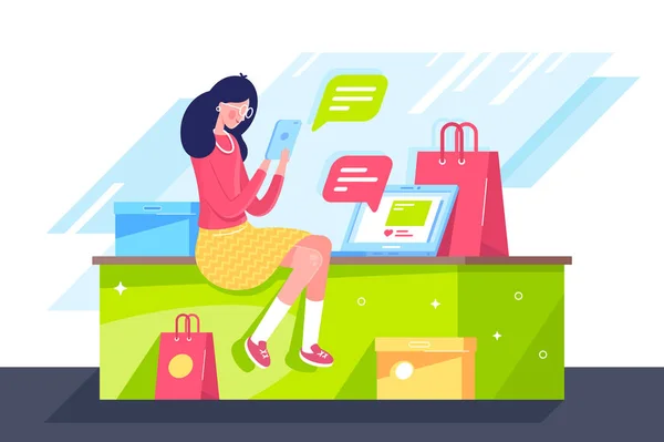 Plochá mladá žena s mobilním telefonem, přenosným laptopem a oděvními sáčky dělá Online nákupy. — Stockový vektor