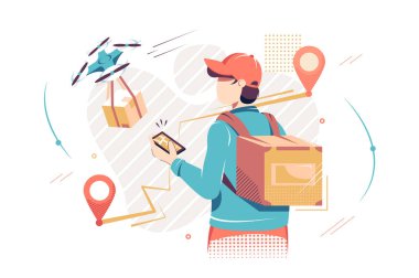 Dijital harita ve drone teslimat ile cep telefonu ile Düz izole adam.