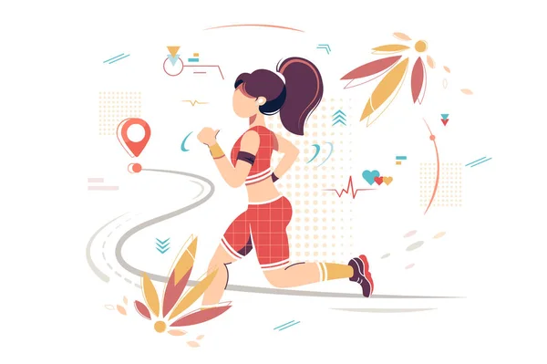 Deporte plano mujer con ropa deportiva corriendo al punto . — Archivo Imágenes Vectoriales