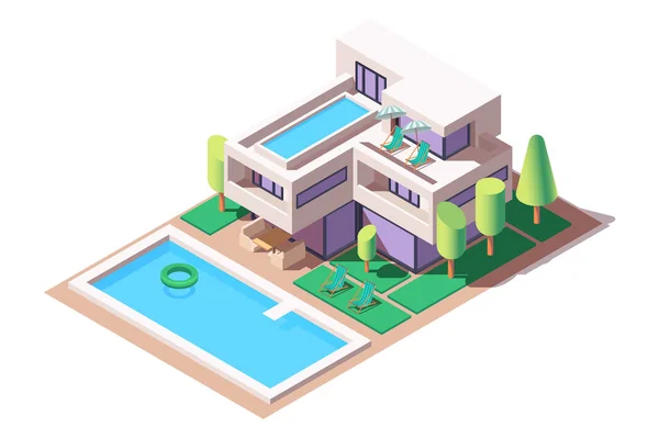 3d isométrica gran casa con diseño moderno y piscina . — Vector de stock