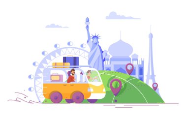 Düz genç adam sakallı, araba ile paris, Hindistan, Amerika için seyahat çantaları.