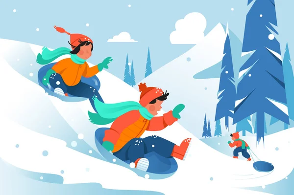 Kids with ice floe ride down the hill in forest. — Stock Photo, Image