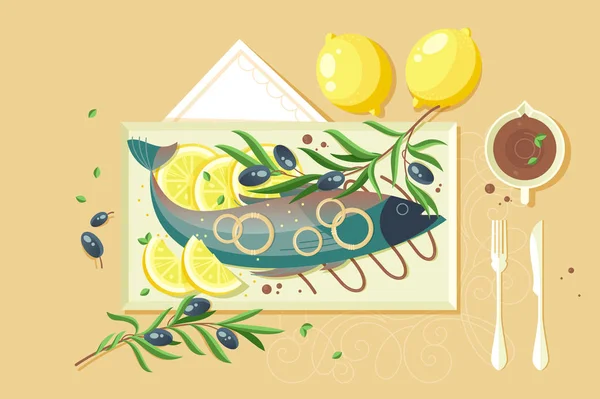 Flat food with souce, lemon, fish, green for seafood dish. — Stock Photo, Image