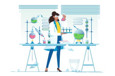 Düz genç güzellik kadın kimyacı şişeler ile sıvı ile.